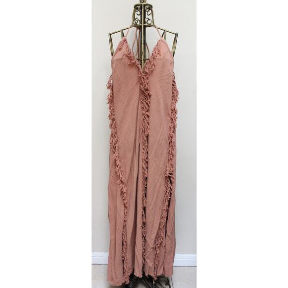 Aya Sacred Wear Dusty Rose Boho Tassel Fringe Halter Maxi Dress Size Large - Picture 2 of 6